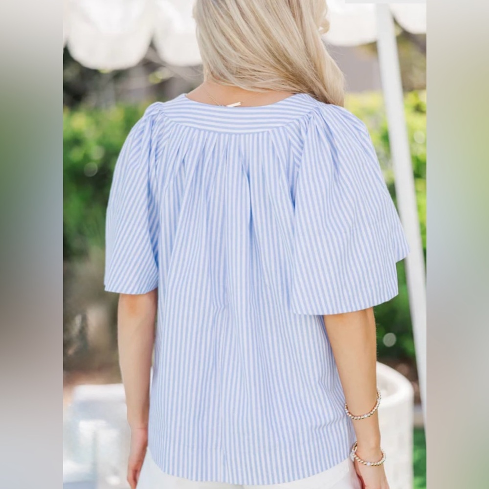 Blue & White Stripe Cotton Flutter Sleeve Blouse | Swing | XL | New | Mint Julep - Picture 5 of 8